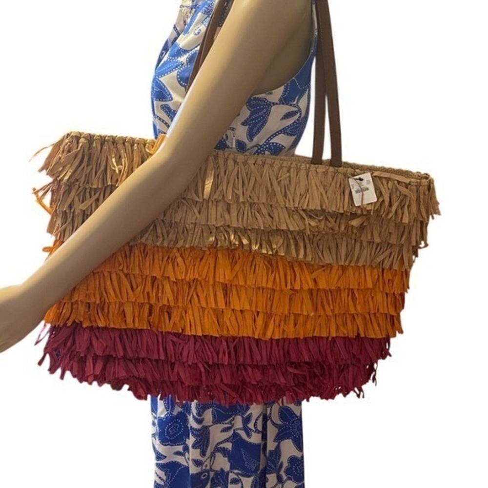 Fringe Raffia Tote Bag Colorful Striped Beach Bag Shoulder Bag
